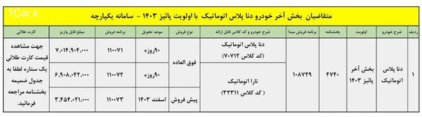 شرایط جدید فروش دنا پلاس اتوماتیک (شهریور 1403)